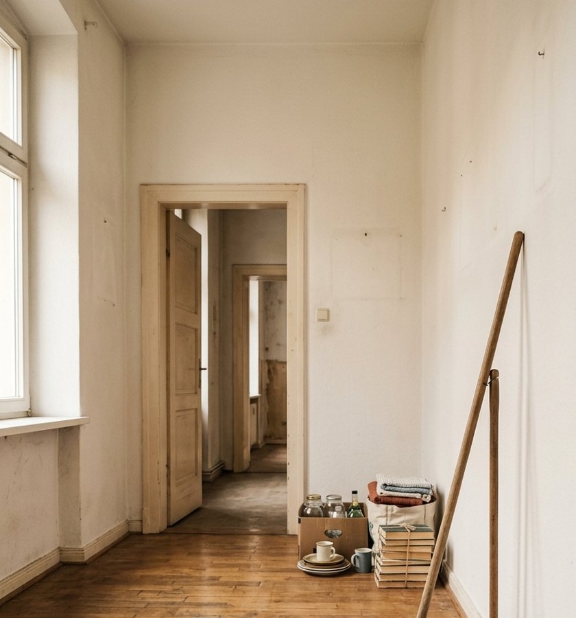 Besenrein geräumter Altbau-Raum mit Besen und sortierten Sachen zum Spenden