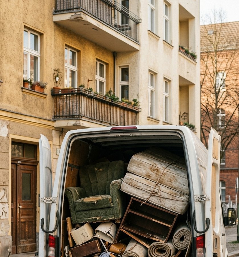 Transporter der Freiburger Entrümpelung beladen mit Sperrmüll vor einem Altbau