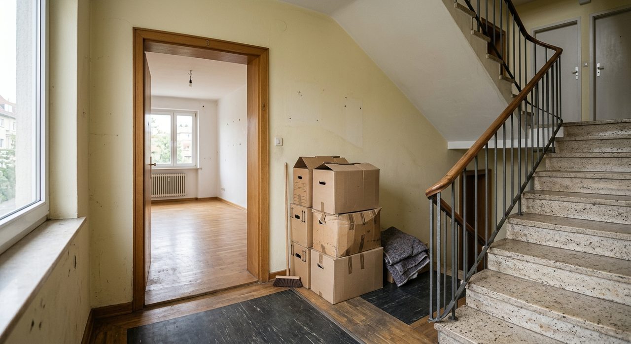 Wohnungsauflösung Freiburg, Umzugskartons im Treppenhaus